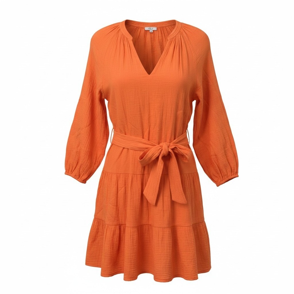 Rails Noelle Dress Women Small Orange Gauze Organic Cotton Tiered Mini Belted - Picture 1 of 13